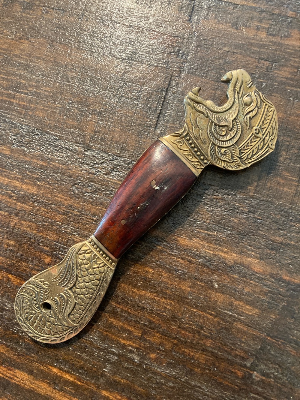 Vintage Handcrafted Brass/Redwood Dragon Bottle Opener